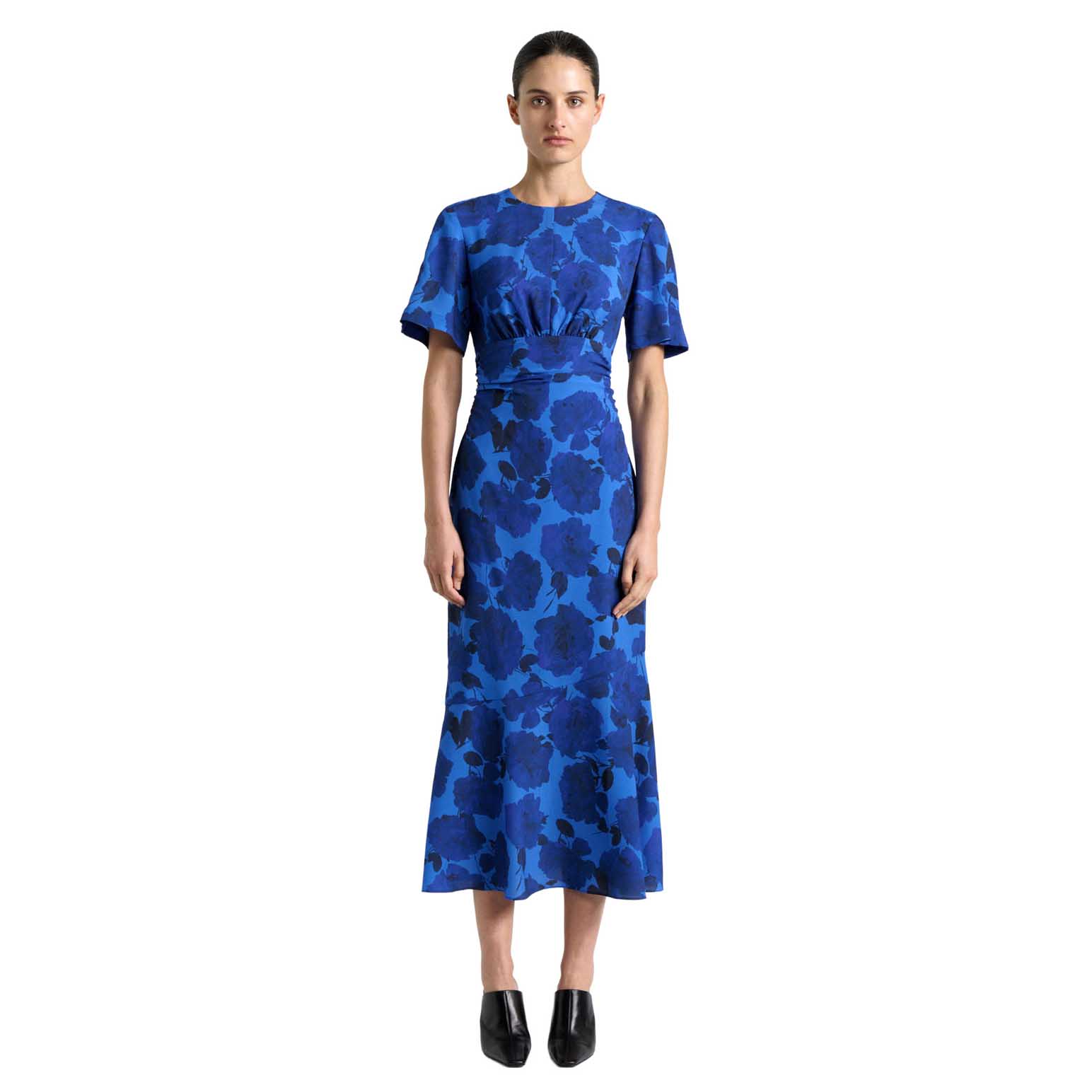 Cue Blue Stencil Floral Drape Sleeve Dress